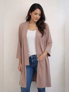 NUDE Collarless Open Front Lightweight Relaxed Fit Long Sleeve Duster Jacket L
